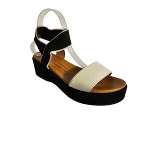 Corso Como Women Platform Wedge Sandals Black White Leather Elastic Strap Sz 9.5